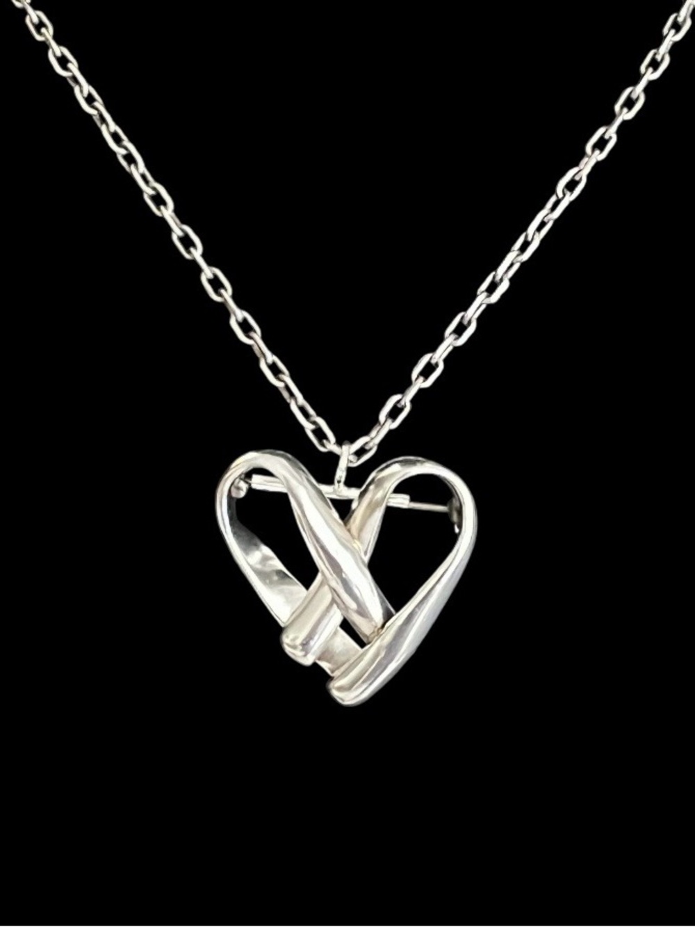 Vintage Mexican Sterling Silver Modernist Ribbon Crossover Heart Brooch